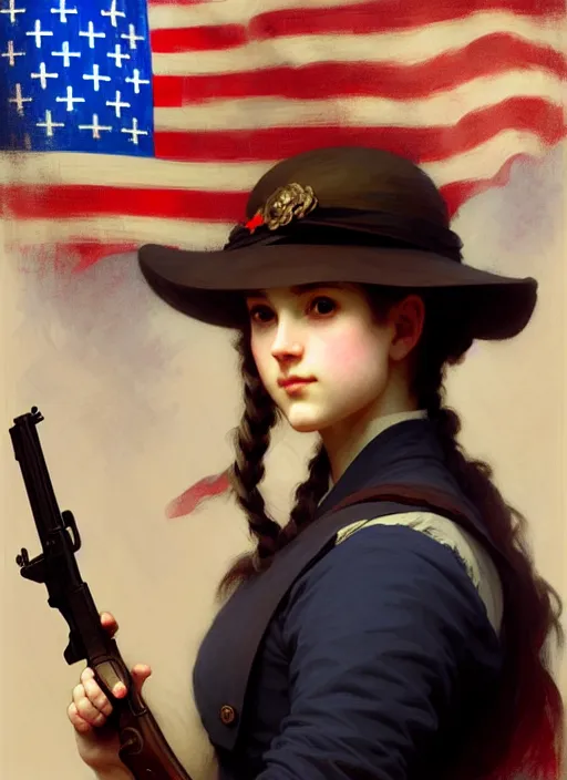 Prompt: character concept portrait of girl with an american flag in one hand and a rifle in one hand, victorian, intricate, elegant, digital painting, concept art, smooth, sharp focus, illustration, by Ruan Jia and Mandy Jurgens and William-Adolphe Bouguereau, Artgerm