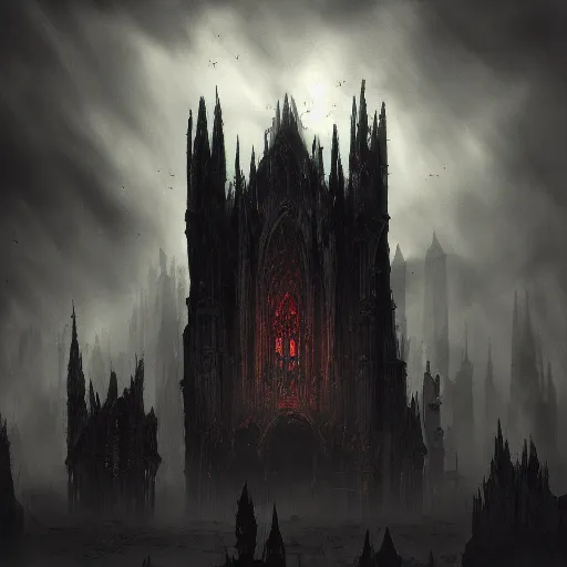Prompt: a dark haunted cathedral, demonic, vampiric architecture, epic fantasy art, sharp, fantasy, mystical atmosphere, mist, gloomy, horror, trending on artstation, deviantart, high detail, photorealistic, hyperrealistic, high definiton, 4 k uhd