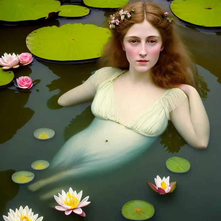 Prompt: Kodak Portra 400, 8K, soft light, volumetric lighting, highly detailed, britt marling style 3/4 ,portrait photo of a beautiful woman how pre-Raphaelites painter, with her face emerging from the water of a pond with water lilies, a beautiful lace dress and hair are intricate with highly detailed realistic beautiful flowers , Realistic, Refined, Highly Detailed, natural outdoor soft pastel lighting colors scheme, outdoor fine art photography, Hyper realistic, photo realistic