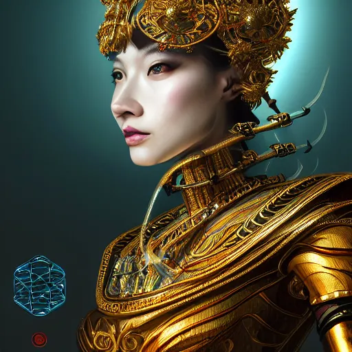 Image similar to a beautiful empress portrait, with a brilliant, impossible striking big cybernetic headpiece, cybernetic clothes, symmetrical, dramatic studio lighting, rococo, baroque, asian, hyperrealism, closeup, D&D, fantasy, intricate, elegant, highly detailed, digital painting, artstation, octane render, 8k, concept art, matte, sharp focus, illustration, art by Artgerm and Greg Rutkowski and Alphonse Mucha