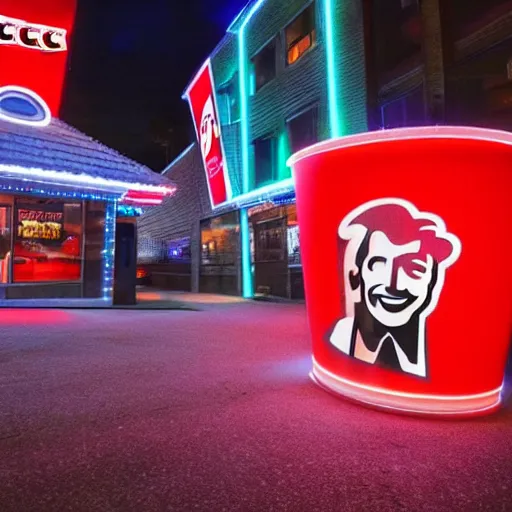 Image similar to a photo of a landscape with many lit up KFC bucket signs on sticks sticking out of it