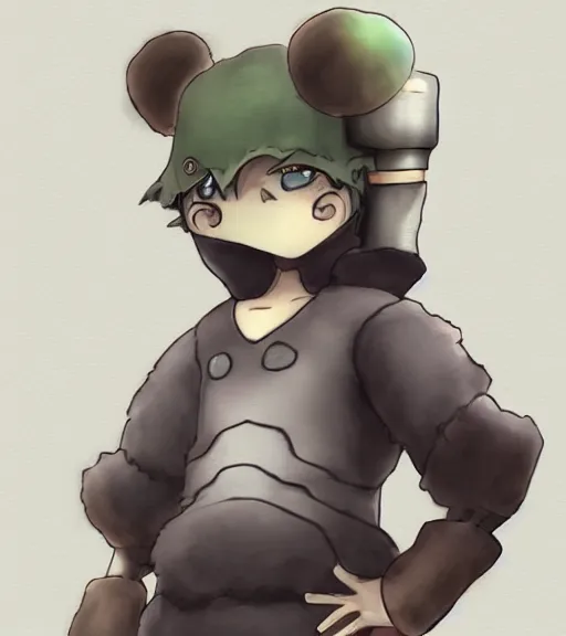 Image similar to attractive little boy wearing an cyborg bear suit, artwork in kentaro miura and made in abyss and inazuma eleven, smooth, beautiful lightness, anatomically correct, trending on pixiv, sensual composition, realistic