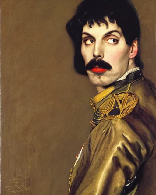 Prompt: A portrait of Freddie Mercury, by Richard Schmid, Anthony Van Dyck, Frans Hals, Edmund Dulac