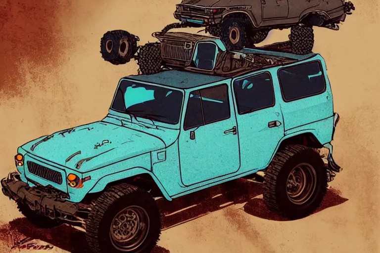 Image similar to digital illustration of a faded cyan mad max's fj 4 0 decrepit!!!! pursuit special, rusty!!! nissan fj cruiser heavily modded 1 9 9 0 s, the last v 8 interceptor by makoto shinkai, ilya kuvshinov, lois van baarle, rossdraws, basquiat