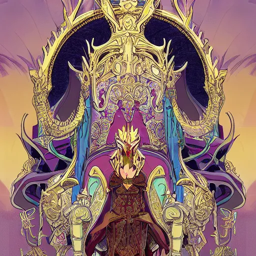 Prompt: concept art painting of a king with ornate robes, a long dragon neck, and horned skull mask, sitting on a throne, anime style, cel shaded, in the style of makoto shinkai and james gurney and studio ghibli and moebius