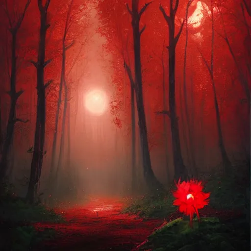 Image similar to A highly detailed oil painting of a blood red, crystal flower glowing bright red in the middle of a dark forest, by Greg Rutkowski.