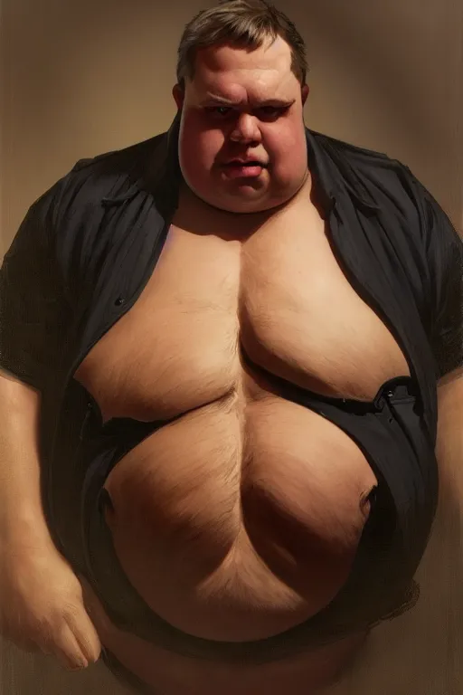 Image similar to a middle aged obese man as a canon man, realistic painting, symmetrical, highly detailed, digital painting, artstation, concept art, smooth, sharp focus, illustration, cinematic lighting, art by artgerm and greg rutkowski and alphonse mucha