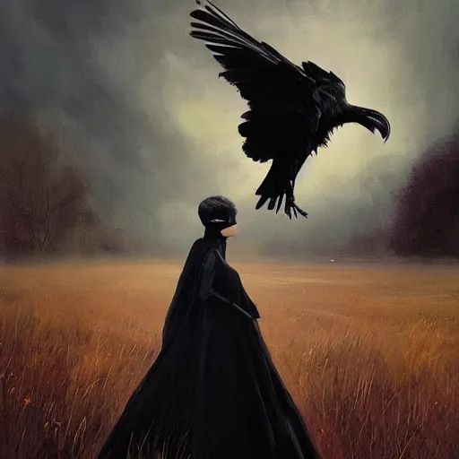 Image similar to morning, a woman in a black dress with a raven head. no face. sun, cinematic, clouds, vogue cover style, contracting colors mood, realistic painting, intricate oil painting, high detail, figurative art, poster art, by simon bisley, ismail inceoglu, wadim kashin, filip hodas. pixar theme.