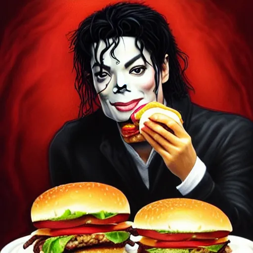 Image similar to portrait of a Michael Jackson eating a hamburger, extra onions and ketchup, luscious patty with sesame seeds, masculine, handsome, D&D, fantasy, intricate, elegant, highly detailed, digital painting, artstation, concept art, matte, sharp focus, illustration, art by Artgerm and Greg Rutkowski and Alphonse Mucha