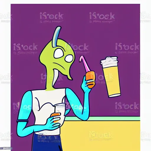 Image similar to an alien drinking horchata, minimalist, vector art, color blocking