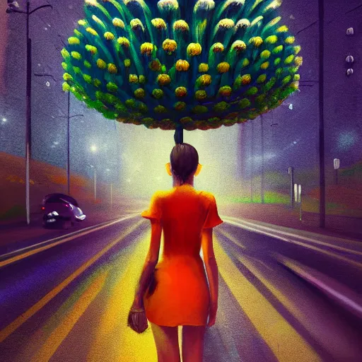 Image similar to huge daisy flower head, woman in modern city, surreal photography, night light, dark, impressionist painting, digital painting, artstation, simon stalenhag