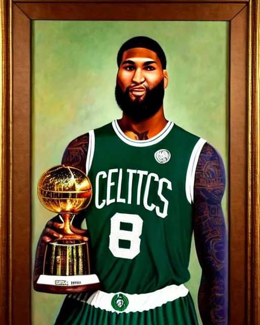 Prompt: portrait of demarcus cousins in boston celtics jersey, holding the larry o'brien trophy, oil on canvas by william sidney mount, champion, inspiring