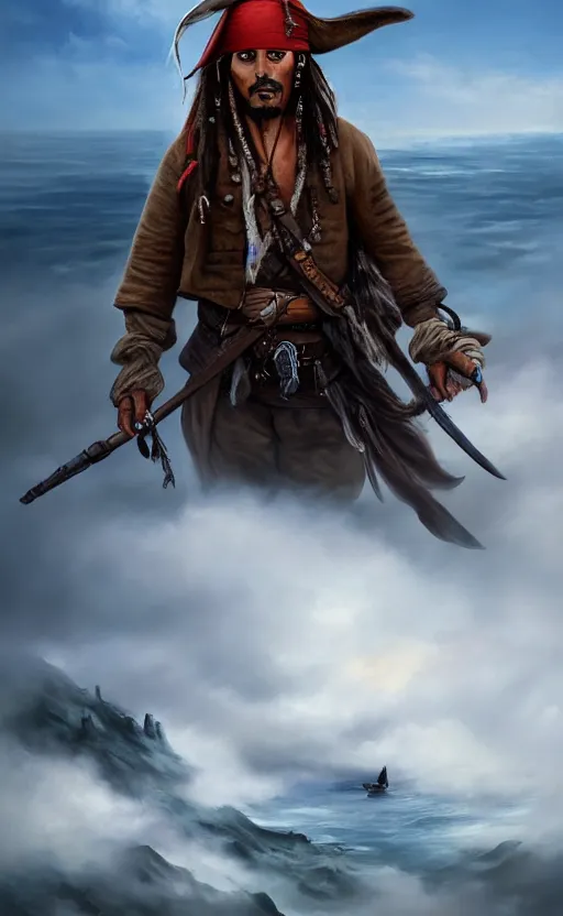 Prompt: a beautiful painting of jack sparrow in the style of wanderer above the sea of fog, featured on artstation