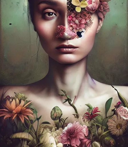 Prompt: portrait of woman with floral background : : by elena masci, tom bagshaw, giuseppe arcimboldo, melanie delon : : digital art, portrait, illustration, photorealism, hyperrealism, hyper - maximalist, surrealism, negative space, intricate detail, line work, muted, natural tones, weta, wlop, deviantart, imaginefx