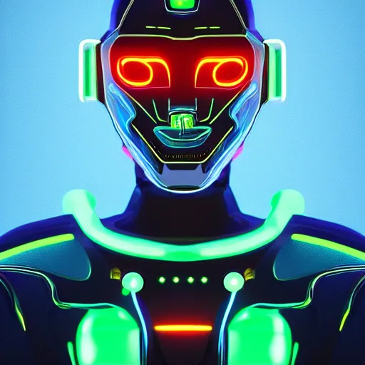 Prompt: a portrait of futuristic robot posed in front of a neon background, digital art in the style of greg rutkowksi trending on artstation