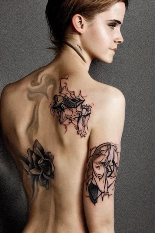 Image similar to emma watson, dope tattoo, hyperrealistic