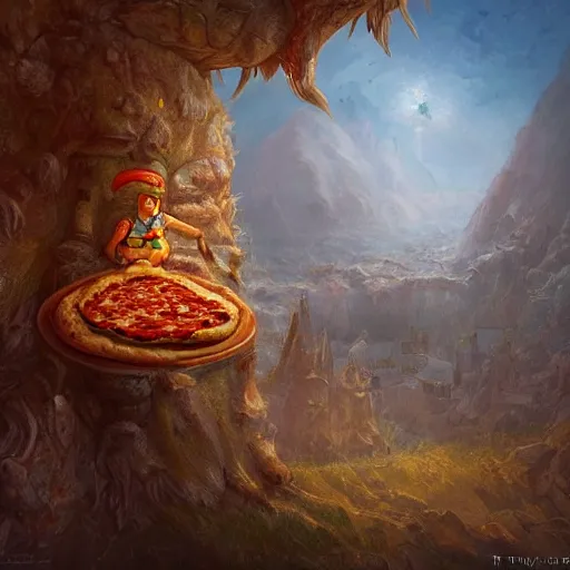 Image similar to ultra realistic illustration of!! pizza giant!!, intricate, fantasy italy, epic landscape, highly detailed, digital painting, artstation, concept art, smooth, sharp focus, illustration, art by tim mcburnie and conar cross and anato finnstark