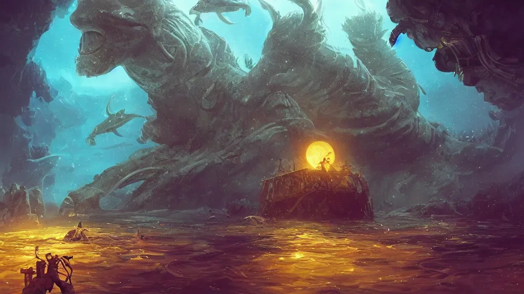 Image similar to Astronauts and some mythical animals are under the sea, they are swimming away from the giant leviathan that is behind hunting them, this is an extravagant planet with wacky wildlife, the background is full of ancient ruins, the ambient is dark with a terrifying atmosphere, by Jordan Grimmer digital art, trending on Artstation,