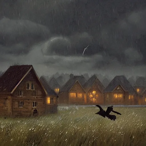 Prompt: A field full of crows, thousands of crows, a wooden house on the left, stormy weather, dark sky, art by greg rutkowski, trending on artstation.