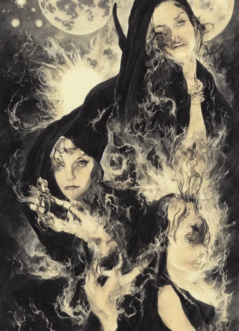 Prompt: portrait of a young witch in a black robe sitting on the ground next to a fire, full moon in the sky overhead, detailed face, highly detailed, by frank frazetta and boris vallejo