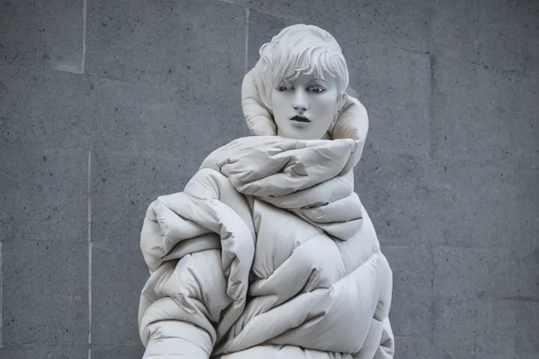 Image similar to well lit fashion shoot portrait of extremely beautiful female marble statue wearing huge over size puffer jacket by dingyun zhang, yeezy, balenciaga, vetements, a cold wall, sharp focus, clear, detailed,, cinematic, detailed, off white, glamourous, symmetrical, vogue, editorial, fashion, magazine shoot, glossy