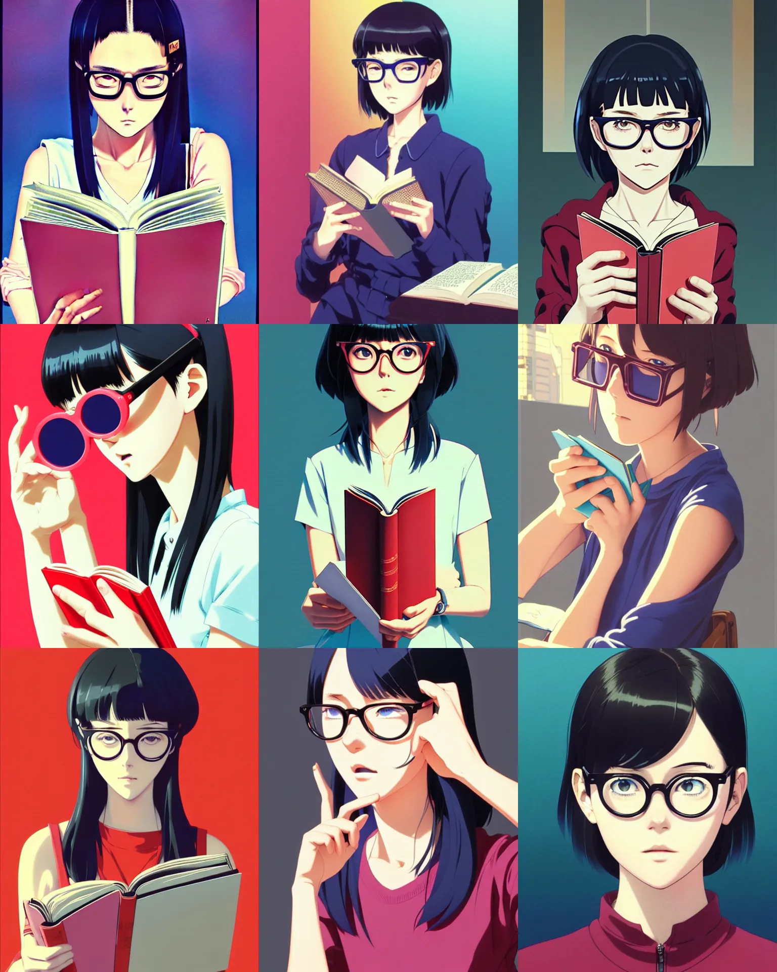 Prompt: girl with circular glasses, reading a book | very very anime!!!, fine - face, audrey plaza, realistic shaded perfect face, fine details. anime. realistic shaded lighting poster by ilya kuvshinov katsuhiro otomo ghost - in - the - shell, magali villeneuve, artgerm, jeremy lipkin and michael garmash and rob rey