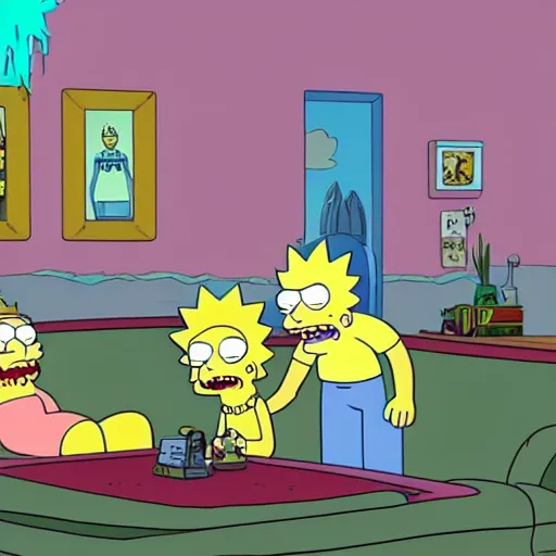 Image similar to Rick & Morty starring in the simpsons couch-gag