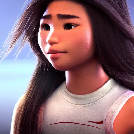 Image similar to young beautiful athletic Filipino woman with long hair posing, depicted as a Pixar character, high quality cg render, 4k