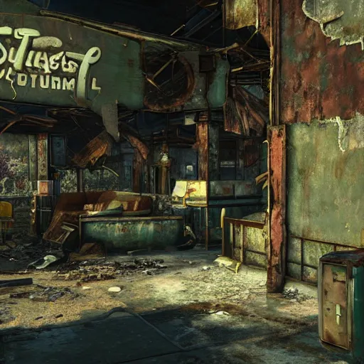 Prompt: walt disney world orlando in ruins post - nuclear war in fallout 4, in game screenshot