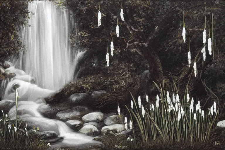 Prompt: a black and white cat sleeping next to a waterfall, surrounded by common snowdrops, golden hour, painting Mark Keathley