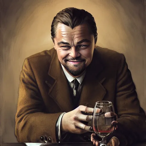 Image similar to leonardo dicaprio from django laughing and holding a sherry, highly detailed, intricate, digital painting, artstation, sharp focus, illustration, art by jakub rozalski, greg rutkowski, artgerm, tan zi and ayanamikodon and alphonse mucha and wlop