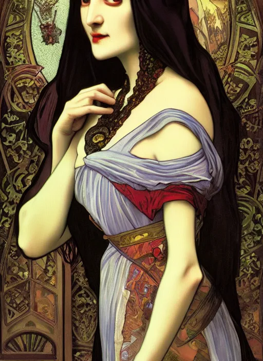 Prompt: Dracula as Monalisa, mystical, fantasy, intricate, elegant, highly detailed, digital painting, 4k, HDR, concept art, smooth, sharp focus, illustration, art by alphonse mucha,artgerm, H R Giger