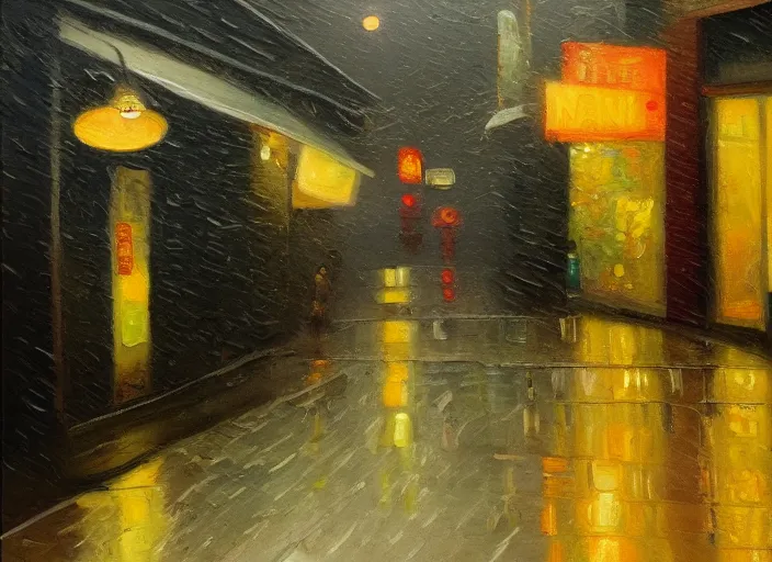 Image similar to last open ramen place in a street at night, melancholic, rainy night, in the style of australian tonalism, oil on canvas