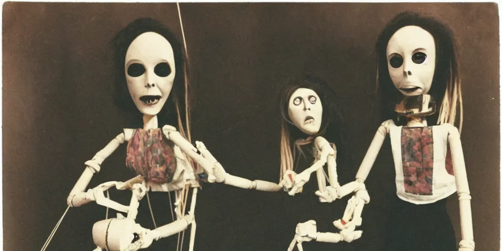 Prompt: 1 9 7 0 s female alive, eerie, creepy masked marionette puppet, unnerving, clockwork horror, pediophobia, lost photograph, dark, forgotten, final photo found before disaster, polaroid,