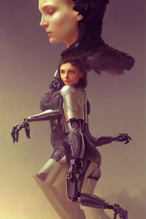 Image similar to fullbody or portrait, simple raven, perfect future, iridescent color palette, by wlop and karol bak and bouguereau and viktoria gavrilenko, 1 9 7 0 s retro future robot android. muted colors