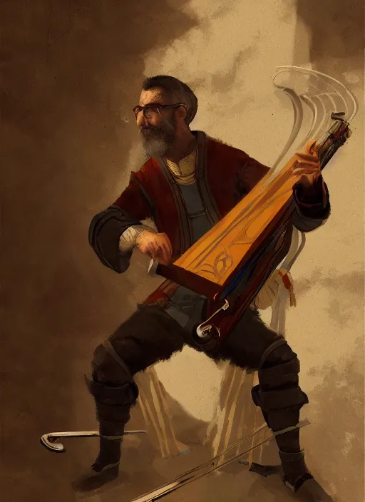 Image similar to illustration of gordon freeman from half - life as a bard playing a lyre, dressed in renaissance clothing, by greg rutkowski artstation