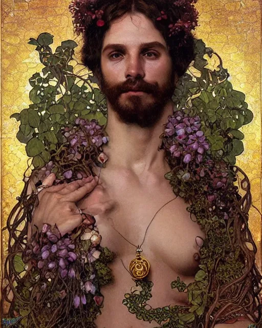 Prompt: a portrait of dionysus, realistic, beautiful, 8 k, by greg rutkowski, alphonse mucha, gustav klimt, ornate, very detailed, vines as jewelry, symmetry, sharp focus