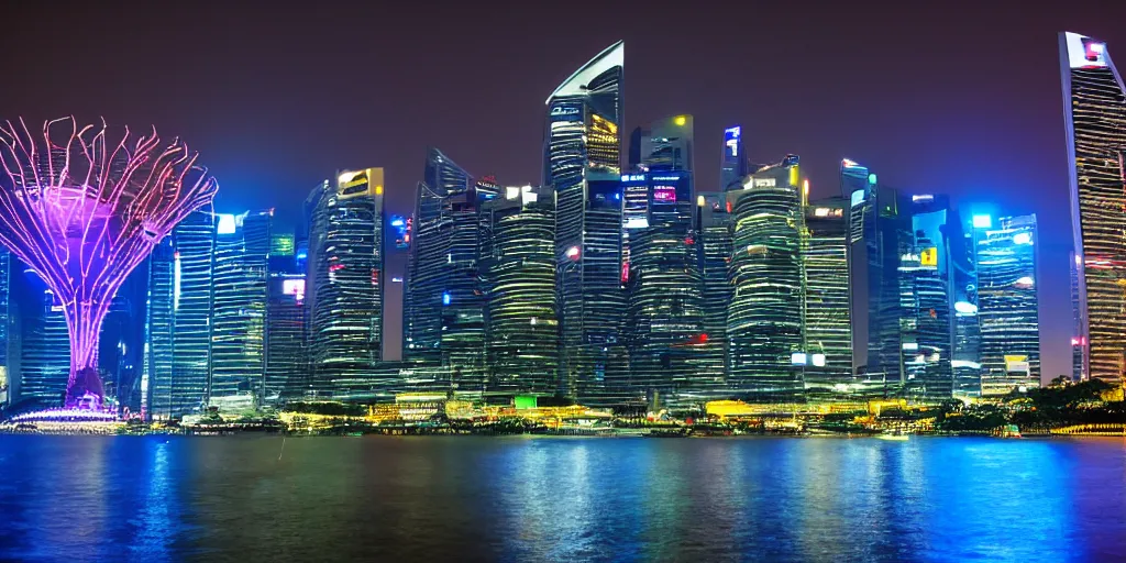 Image similar to futuristic singapour view at night from the sea