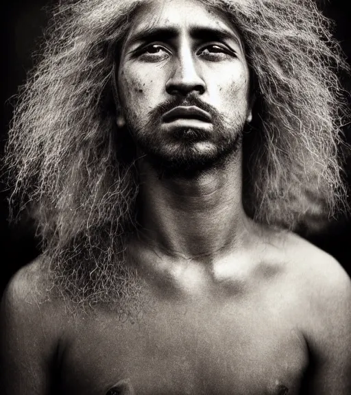 Prompt: Award winning reportage photo of Mauri Natives with incredible hair and beautiful hyper-detailed eyes wearing traditional garb by Lee Jeffries, 85mm ND 5, perfect lighting, gelatin silver process