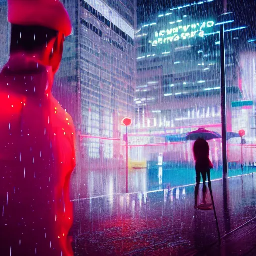 Image similar to a human portrait made out of rain, neon, beautiful, rendered in octane, unreal engine, cinematic