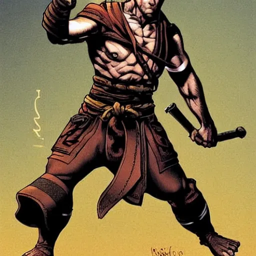 Prompt: ryan reynolds as a d & d monk martial artist, by simon bisley