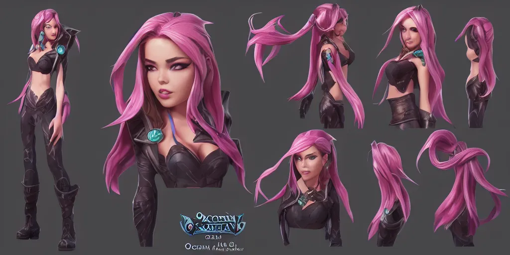 Image similar to Character sheet of gorgeous ocean song katarina (League of Legends). 3d render, octane render, game art, realistic, highly detailed, trending on artstation, 4k, trending on artstation, pixar, cgsociety, unreal engine 5, redshift render, trending on artstation, blender, behance, cg