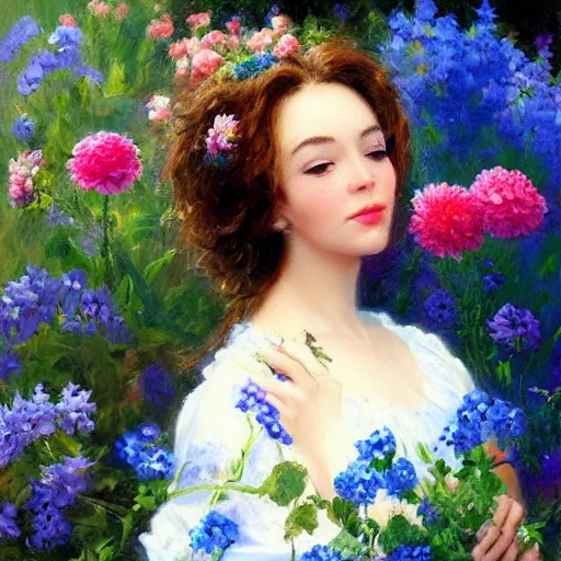 Image similar to a portrait of a romantic woman with flowers grow out of hair, roses peonies forget-me-nots dahlias lupins gladioli, sky theme in background, by Alexandr Averin, Digital Art, Trending on artstation