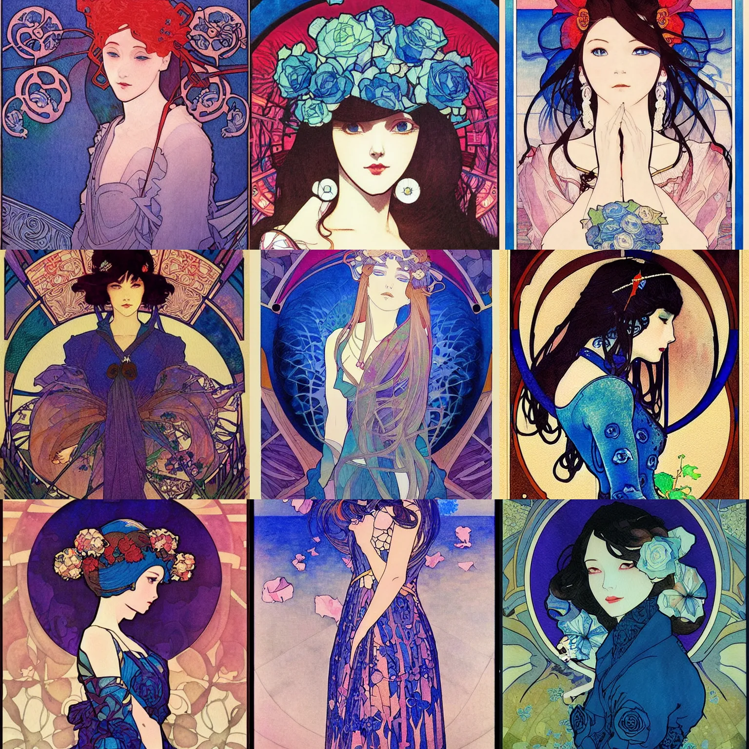 Prompt: the blue rose. beautiful, realistic painting by mucha and kuvshinov and bilibin and malevich. synthwave watercolor, thick lining, manga, soviet realism
