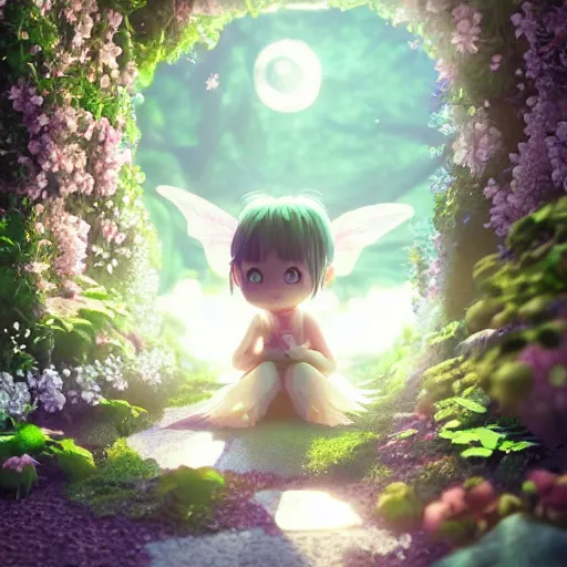 Image similar to a tiny cute fairy in a flower house, beautiful face, large eyes, cute, adorable, volumetric light, octane render, studio ghibli, trending on artstation