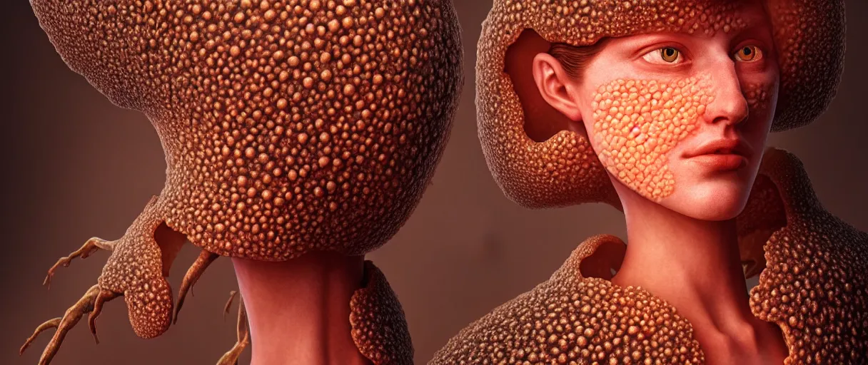 Image similar to hyperrealist highly detailed english medieval portrait of high fashion model wearing fungal fungus fungal growpth mycelia mycel mycelia funal spores spores mycel network armor, lopsided obscure body shape, radiating atomic neon corals, concept art pascal blanche dramatic studio lighting 8k wide angle shallow depth of field