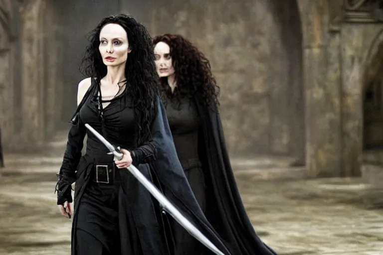 Image similar to film still Angelia Jolie as Bellatrix Lestrange in Harry Potter movie