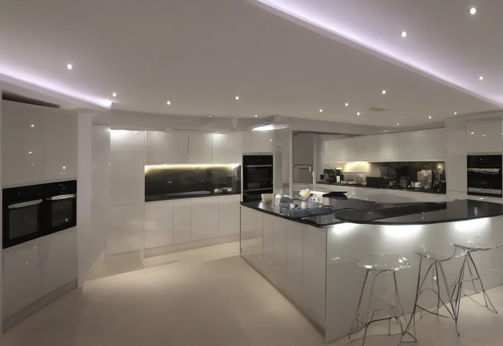 Image similar to modern kitchen with led strip lighting, homes and gardens, super detailed render, award winning,