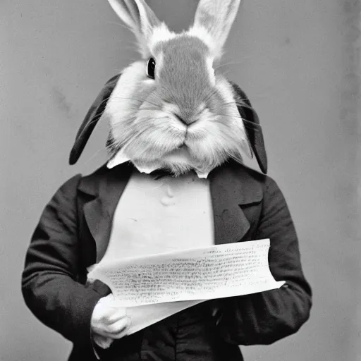 Prompt: a rabbit holding a paper, victorian photograph