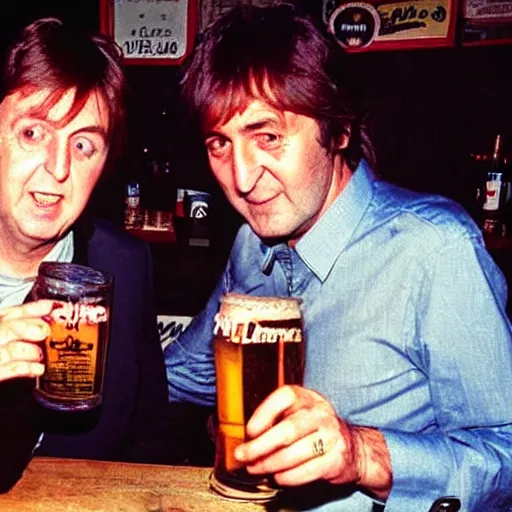 Prompt: Paul Mccartney and old thin John Lennon drinking beer at a dirty pub, 1990s, polaroid